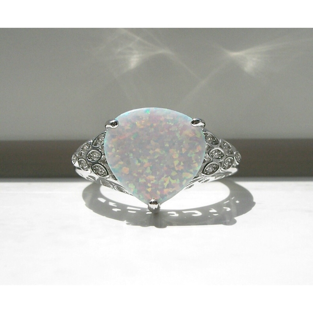 925 STERLING SILVER Lab Created White Fire Opal & CZ Ring - Picture 13 of 16